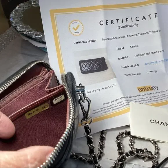 CHANEL CC QUILTED LAMBSKIN ZIP AROUND WALLET ON A CHAIN. Box & COA Included